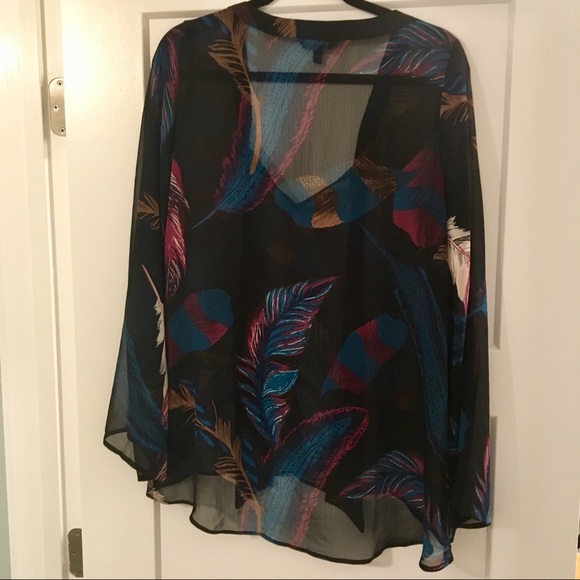 Express feather print tie-neck sheer blouse, M - Picture 3 of 4